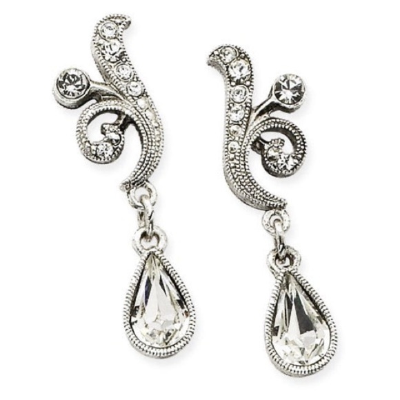 1928 SILVER-TONE SWAROVSKI ELEMENTS TEARDROP POST DANGLE EARRINGS - Picture 2 of 3